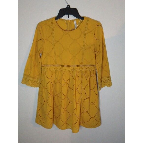 Zara mini Small Eyelet  dress boho cottage core mustard feminine - Picture 4 of 12
